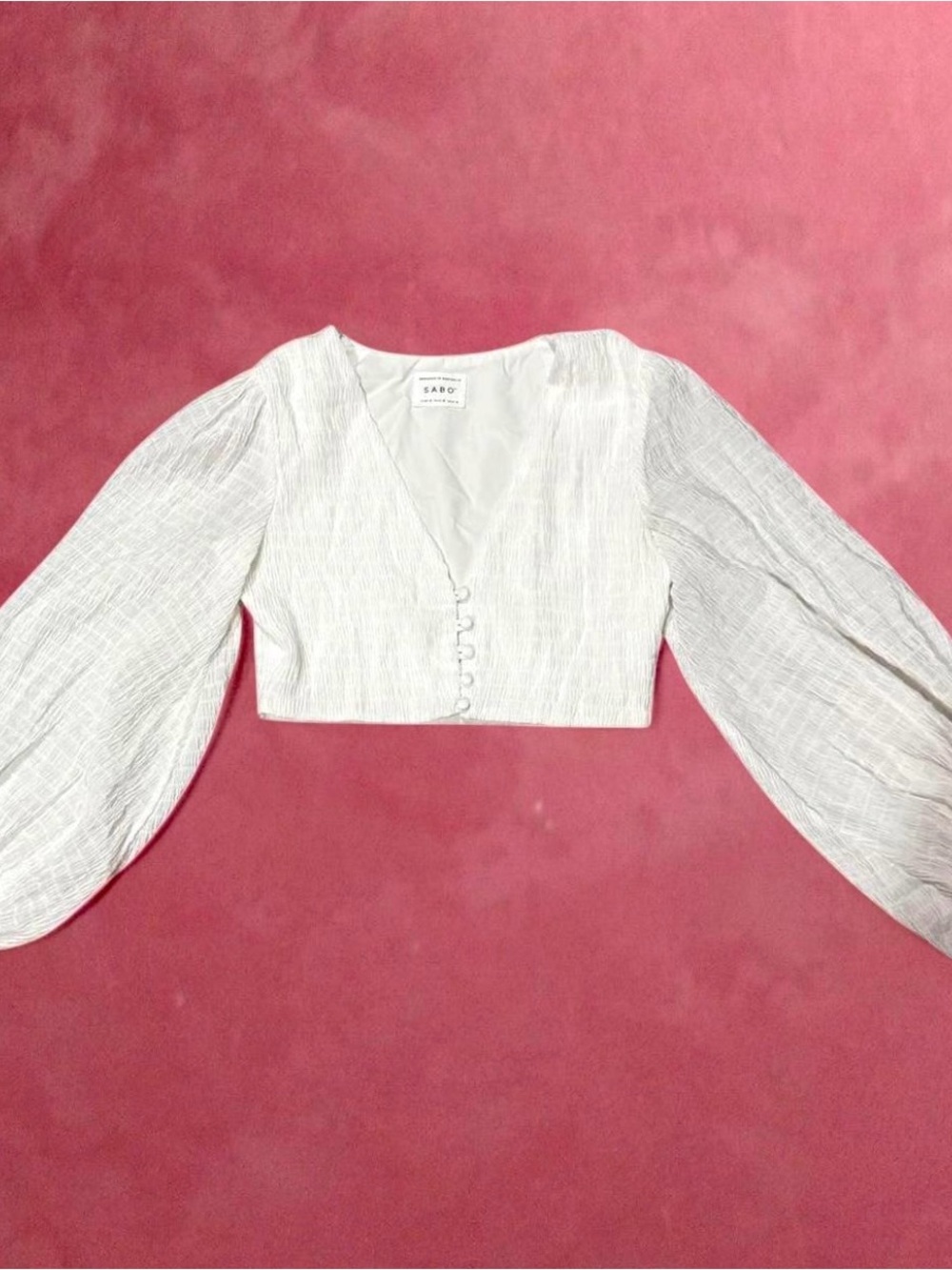 White Textured Crop Blouse with Balloon Sleeves boho
